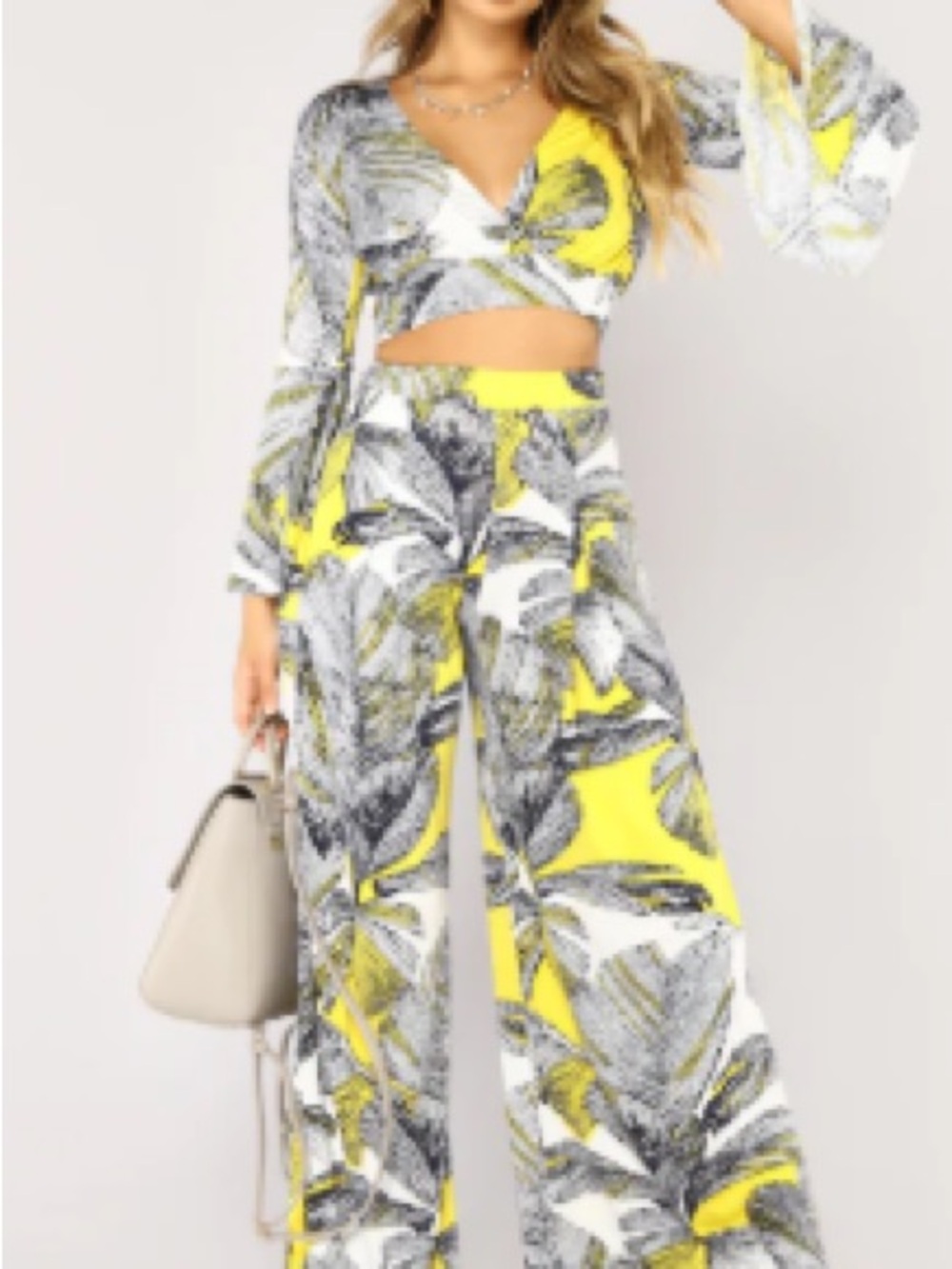 Fashion Nova 2 piece set. Yellow & White Tropical Wide-Leg Pants